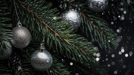 Obraz na płótnie Canvas Black ornaments decorated Christmas tree background. Merry Christmas, Happy New Year concept. Beautiful festive dark glitter decorations balls and bokeh garland lights..