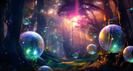wood landscape with bubbles in the air. AI generated. - obrazy, fototapety, plakaty