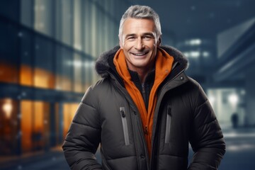 Portrait of a joyful man in his 50s wearing a warm parka against a sophisticated corporate office...