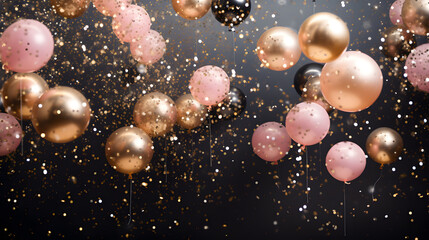 Pink, black and golden balloons with sparkles high detailed black background. Birthday celebrate wallpaper
