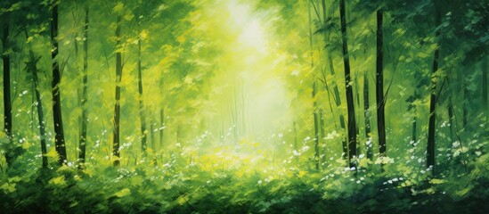 Obraz premium In the abstract landscape a lush green forest serves as the background with its towering trees and vibrant leaves creating a striking pattern against the summer sky The rich textures of the 