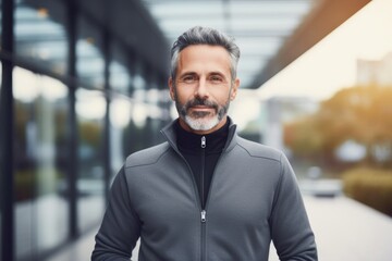 Portrait of a satisfied man in his 50s wearing a thermal fleece pullover against a sophisticated corporate office background. AI Generation