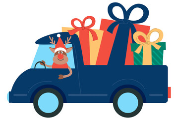 Santa Claus team Rudolf the reindeer driving car caravan with Christmas gifts and presents