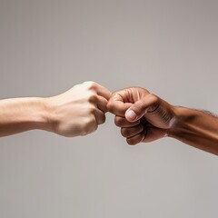Closeup of two arms different race skin colors multinational friends giving fist bump. AI Generated