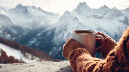 Hands woman holding hot drink cup relaxes in winter season with mountain view background. - obrazy, fototapety, plakaty