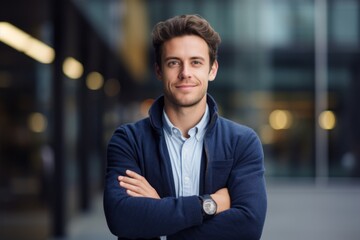 Obraz premium Portrait of a grinning man in his 20s wearing a cozy sweater against a sophisticated corporate office background. AI Generation