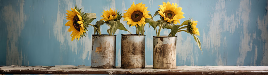 Sunflowers in galvanized cans against a rusty wall, 32:9 ratio, for wallpaper use