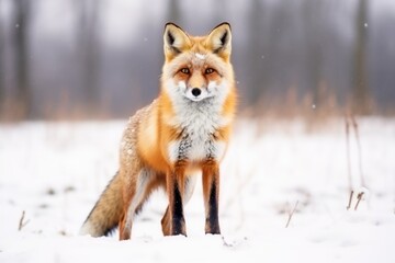 Naklejka na ściany i meble Furry animal red fox, vulpes vulpes, on snow in winter