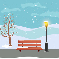 vector winter landscape with tree and bench. street lamp stands near a wooden bench in winter