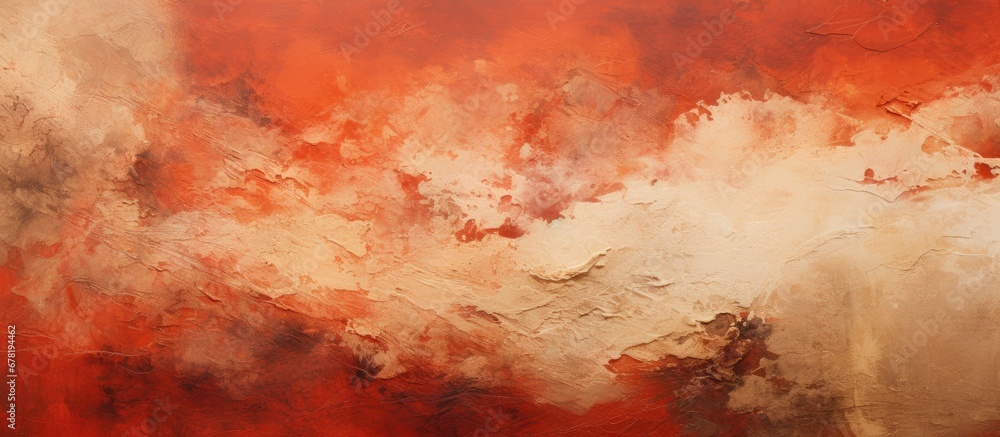 Poster in the background an abstract pattern of textured red hues emerges from the earth showcasing the gru