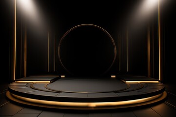 Black friday copy space banner background with a podium platform, black and gold stuff on a dark scene for adverticement and product stand, black and gold elements, dark scene