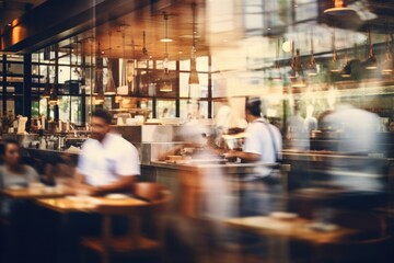 Obraz premium Blurred coffee shop or cafe restaurant, Blurred restaurant background with some people and chefs and waiters working