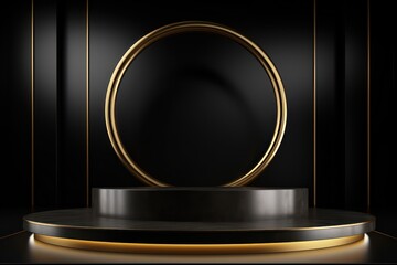 Black friday copy space banner background with a podium platform, black and gold stuff on a dark scene for adverticement and product stand, black and gold elements, dark scene