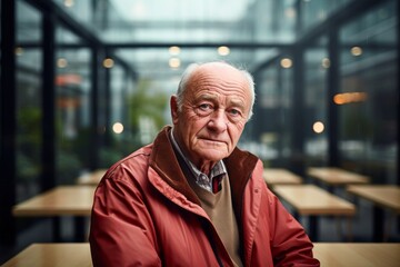 Portrait of a content elderly man in his 90s wearing a lightweight packable anorak against a sophisticated corporate office background. AI Generation