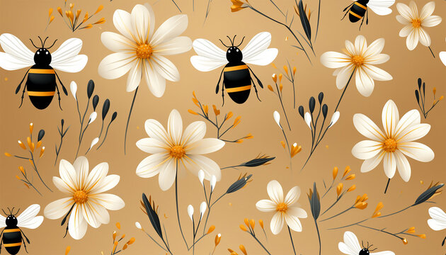 Cute bumblebee pattern. Seamless pattern of flying bees and little flowers on a light pastel background illustration. Cute cartoon character. Spring concept design