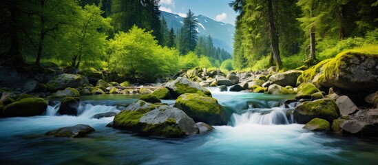 In the beautiful winter landscape of Europe a lush green forest nestled against a majestic mountain backdrop with a rocky waterfall cascading down into a pristine river creating a stunning  - obrazy, fototapety, plakaty