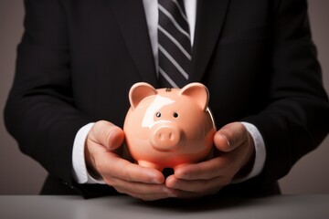 Piggy bank in businessman hands. Concept of finance, credit and mortgage, investment, economy and money savings