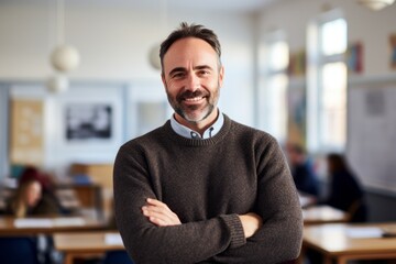 Obraz premium Portrait of a glad man in his 40s wearing a classic turtleneck sweater against a lively classroom background. AI Generation