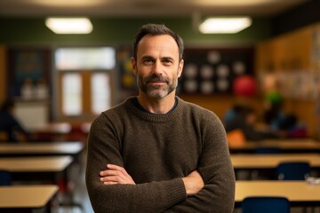 Obraz premium Portrait of a glad man in his 40s wearing a classic turtleneck sweater against a lively classroom background. AI Generation