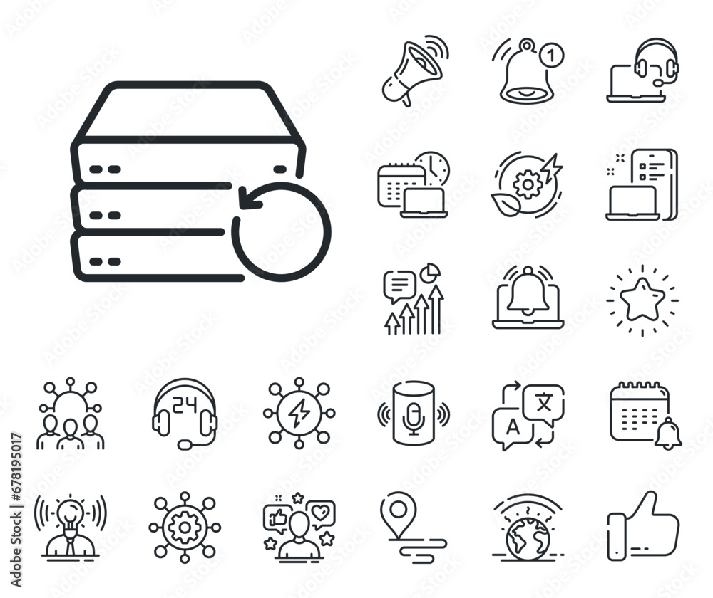 Poster backup data sign. place location, technology and smart speaker outline icons. recovery server line i