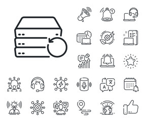 Backup data sign. Place location, technology and smart speaker outline icons. Recovery server line icon. Restore information symbol. Recovery server line sign. Vector