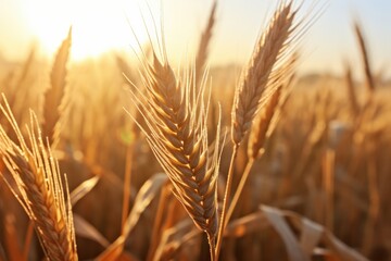 Golden harvest. Wheat field under summer sun. Nature bounty. Ripe wheat crop in countryside. Sunset over fields. Rural farming landscape