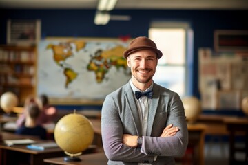 Fototapeta premium Portrait of a joyful man in his 20s donning a classic fedora against a lively classroom background. AI Generation