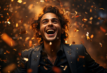 young successful man in a suit is euphorically happy and it rains golden confetti
