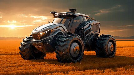 Fototapeta na wymiar Futuristic Tractor Hyperrealistic 3D-Style Concept. Driving across the field and harvesting.