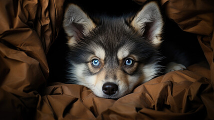 Siberian Huskie puppy, small dog sleeping under blanket, cute blue eyes, in the style of dark silver and dark amber - Generative AI