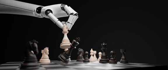 ai Artificial Intelligence,Data Science,Information technology,edge computing.Robotic arm playing chess on chessboard.Advanced technology utilizes complicated algorithms to solve problems for humanity - obrazy, fototapety, plakaty