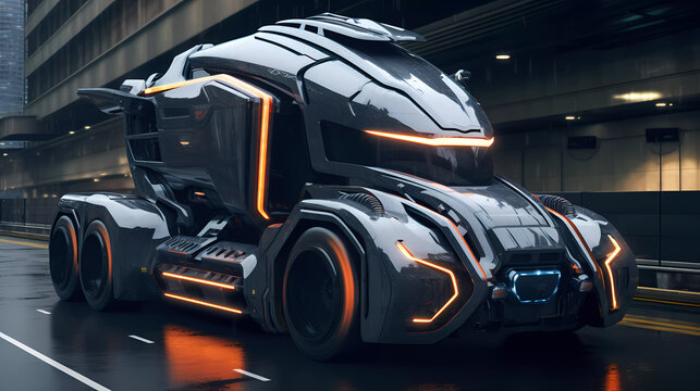 Futuristic Electric Truck Concept Illustration on Highway. Blurred background.