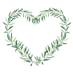 Watercolor olive heart shaped wreath. Isolated on white background. Hand drawn botanical illustration. Can be used for cards, logos and food design.