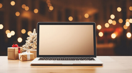 Laptop with blank screen on wooden desk with gift box and christmas tree background.