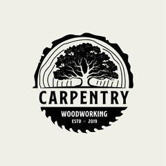 Carpentry, woodworking retro vintage logo design. Sawmill / saw logo - obrazy, fototapety, plakaty