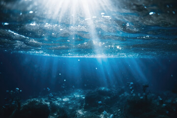 Blurry Underwater of tropical sea, sun rays passing through water.. beautiful underwater with coral and fish in sea