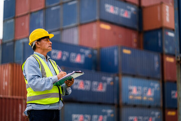 Engineer or foreman controls loading of containers from cargo ship for import export, worker checking container load, logistics concept Import export industry, success concept - obrazy, fototapety, plakaty