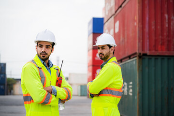 Engineer shipping container background Industrial transport and logistics concept Teamwork concept.