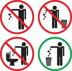 Keep Clean Silhouette Sign. Allowed Throw Rubbish, Waste, Garbage in Bin Symbol. Do Not Throw Trash in Toilet Glyph Icon. Warning Please Drop Litter in Bin Sticker. Vector Art Illustration