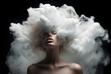 Woman’s head covered with cloud or smoke portrait art photo