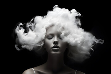 Woman’s head covered with cloud or smoke portrait art photo