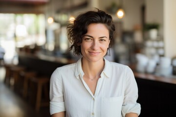 Portrait of a glad woman in her 30s wearing a simple cotton shirt against a serene coffee shop background. AI Generation