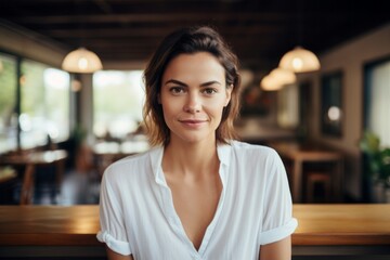 Portrait of a glad woman in her 30s wearing a simple cotton shirt against a serene coffee shop background. AI Generation