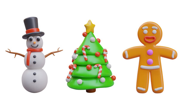 Snowman in top hat, decorated Christmas tree, smiling gingerbread man. Color realistic illustrations. Set of detailed images for New Year compositions