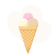 Three scoops of ice cream in a waffle cone. Dairy products, dessert. Vector illustration. Nutrition concept. Kitchen image.