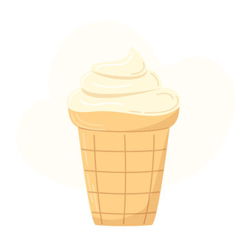 Creamy ice cream in a waffle cup. Dairy products, dessert. Vector illustration. Nutrition concept. Kitchen image.