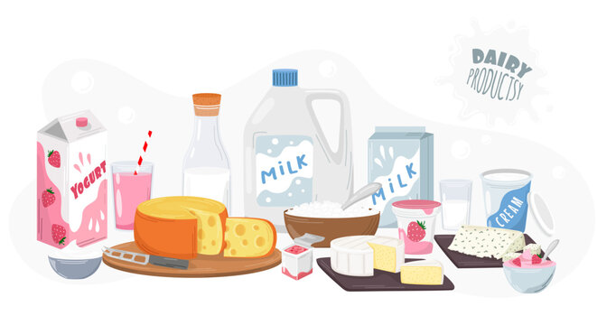 Set of dairy products. Milk, packets of fruit yogurt, sour cream, different types of cheese. Dairy products. Dessert. Vector illustration. Nutrition concept. Kitchen image.