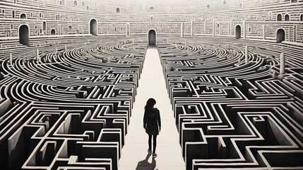 The figure of a woman inside a labyrinth. Decision making, uncertainty, strategy and problem solving concepts