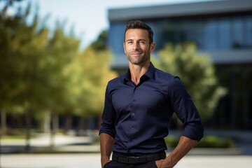 Portrait of a jovial man in his 40s donning a classy polo shirt against a modern university campus background. AI Generation