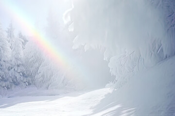 A snowy forest with a huge rainbow sunray from the sky. The white snow is covering the trees and the ground. Monochrome winter background, generative AI